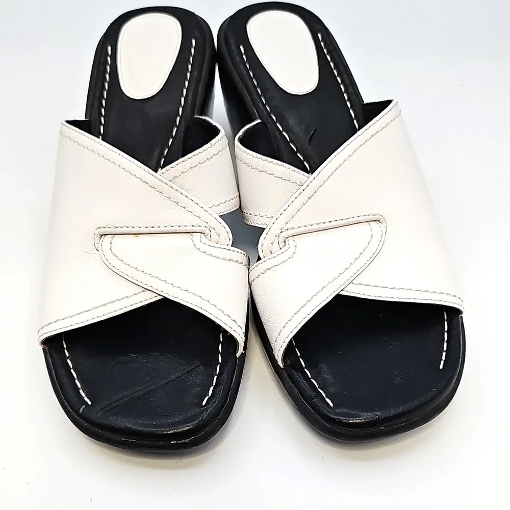 Clarks Black & White Leather Slide Wedge Sandals Size 7.5M